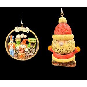Vintage 1977 Christmas Ornaments Set Of 2 Resin Chubby Santa & Train Toy Scene